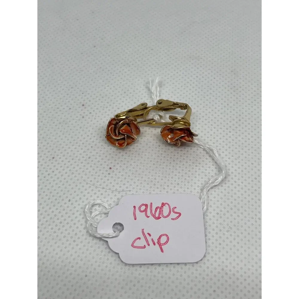 Vintage Nathen Orange Enamel Rose Clip-On Earrings Gold Tone Floral 1960s